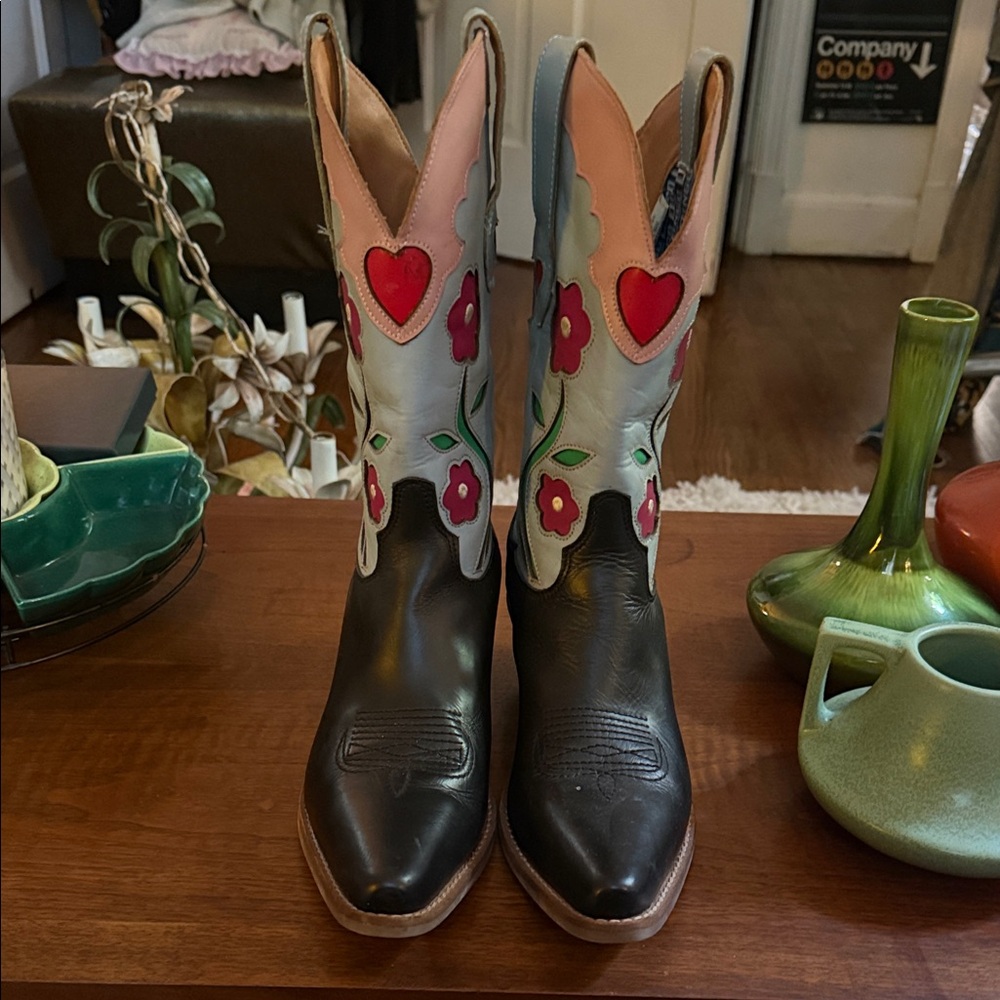 Dingo Black, Blue, and Pink Cowboy Boots with Hearts and Flowers